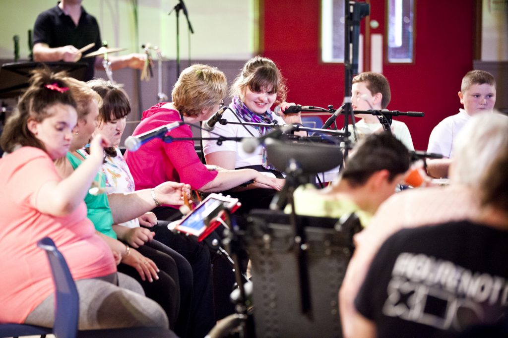 Kaleidoscope concert at Cumnock Academy as part of the Cumnock Tryst 2017. With Sir James MacMillan, Matilda Brown, Colin Currie, Scottish Ensemble, Drake Music Scotland and participants from Barshare Primary, Greenmill Primary, Auchinleck Academy, Hillside School and Riverside Centre. Photo credit: Robin Mitchell.