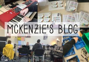 The words McKenzie's Blog in a metal font in black over a white background sits on a selection of photos. First is of him putting stickers on a red keyboard, second is a pile of Figurenotes stickers and labels for packaging up, third is of three people sitting opposite each other, singing, and fourth is of him organising adapters into blue boxes.