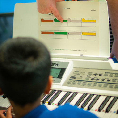 A hand points to a score on the keyboard music stand. The back of a child's head is visible as they look at the music. The keyboard in front of them has Figurenotes stickers on the keys.