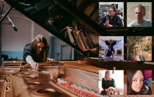 Vibrant image of pianist Siwan Rhys leaning into a grand piano plucking the strings. To the right of this are 6 small headshots of Elinor Rowlands, Sorcha Pringle, leon clowes, Jo-Anne Cox, Sarah Lianne Lewis and Sonia Allori.